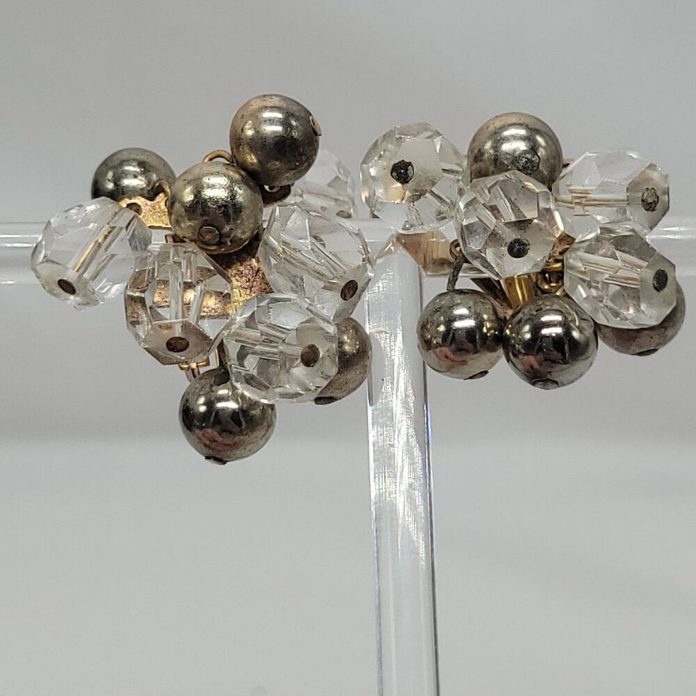 Vintage Cluster Clip-On Earrings With Clear Faceted Beads & Silver-Tone Balls - Picture 5 of 11